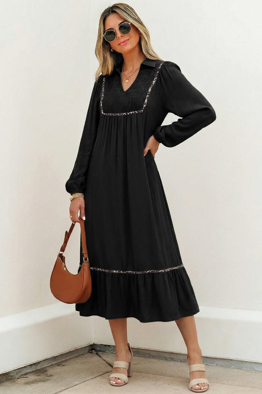 Black V Neck Smocked Contrast Leopard Trim Bracelet Sleeve Long Dress