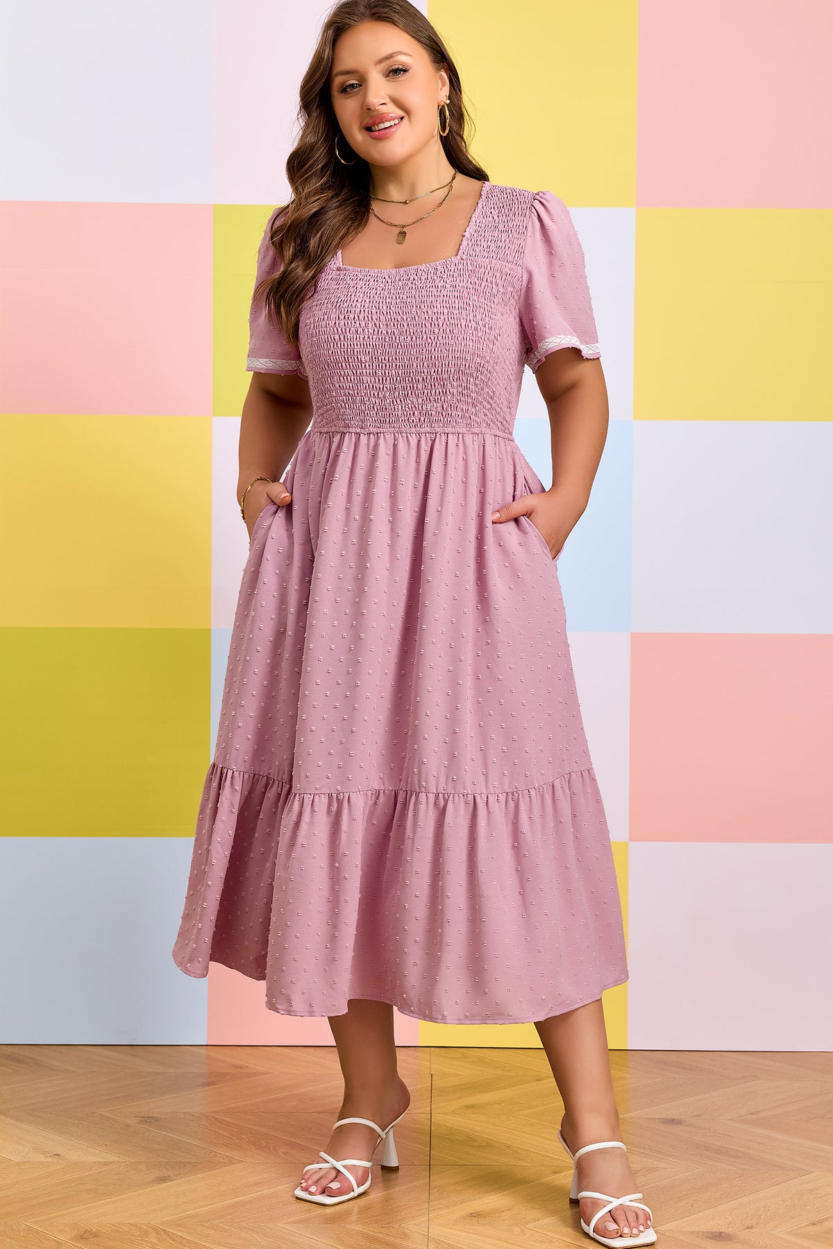 Pink Plus Size Swiss Dot Short-Sleeve Smocked High Waist Flowy Midi Dress