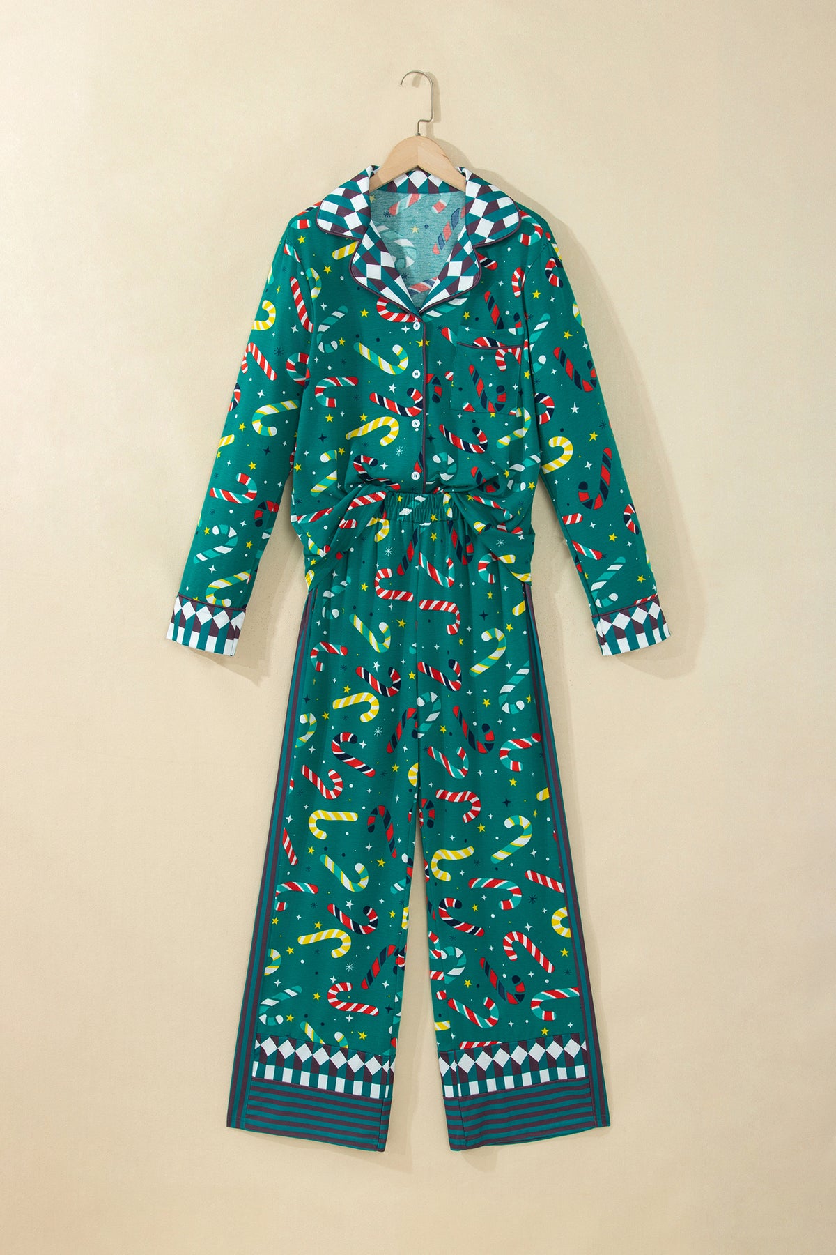 Green Abstract Candy Cane Print Long Sleeve Lounge Set