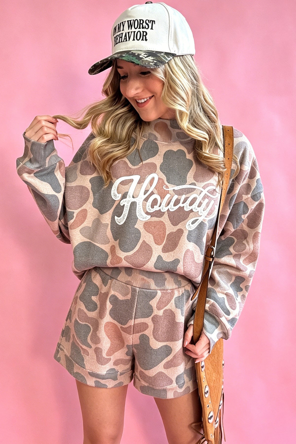 Women's Multicolour Howdy Camouflage High-Neck Long-Sleeve Top and Shorts Set