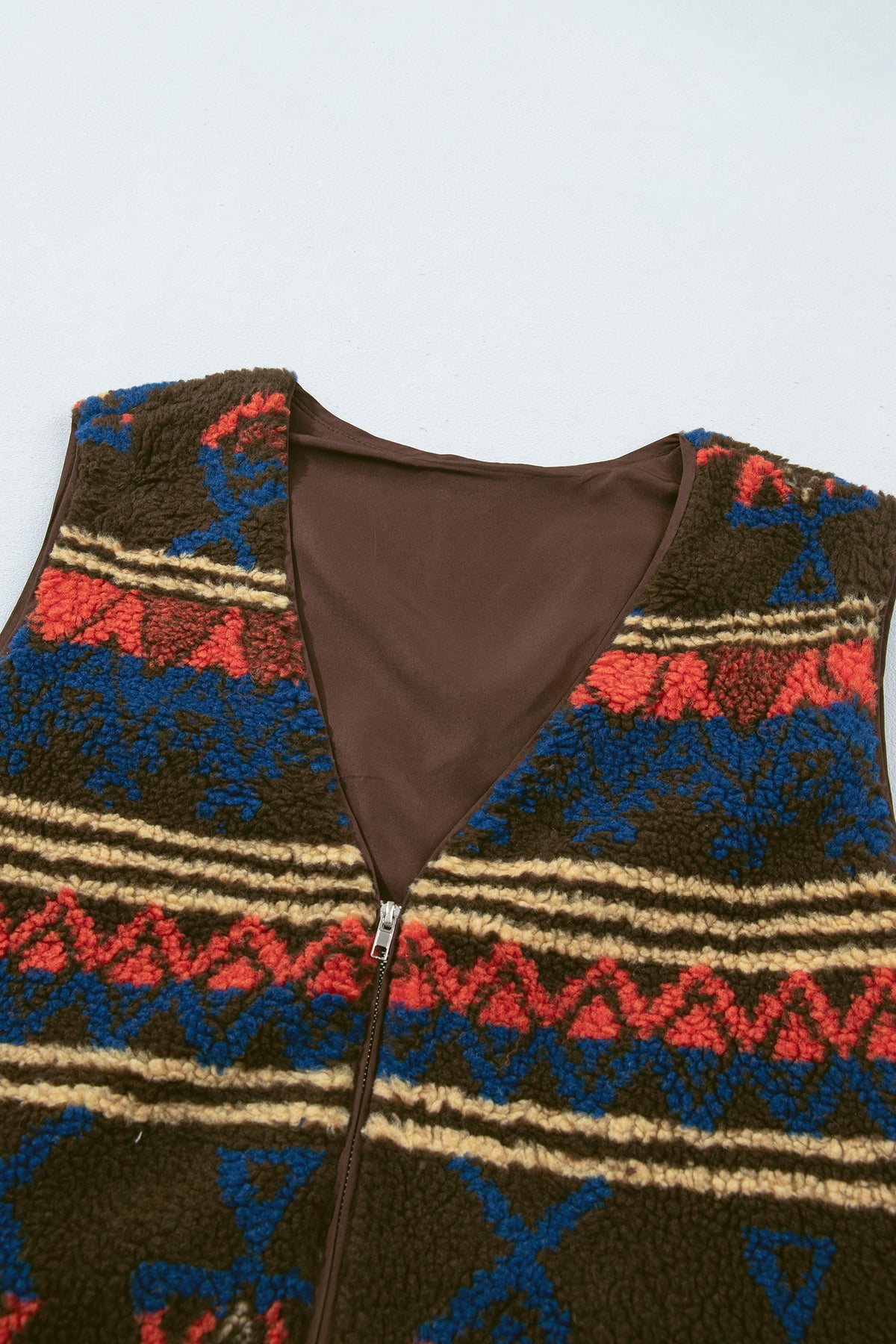 Multicolour Western Faux Fur Metal Zipper Insert Pockets Sleeveless Vest