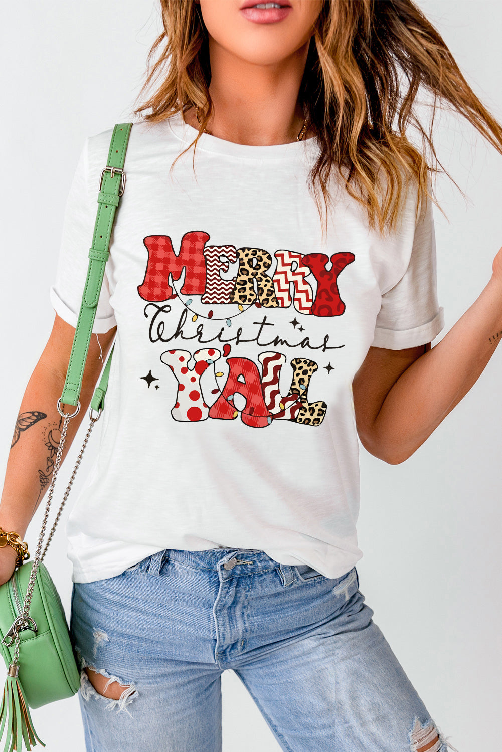 White MERRY Christmas YAll Graphic Crewneck T-Shirt