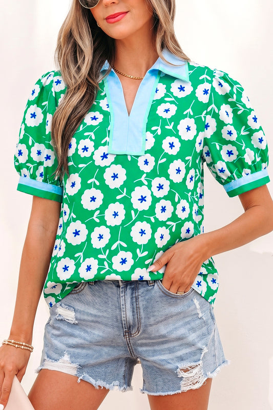 Green Flower Contrast Patchwork Collar Short Sleeve Blouse