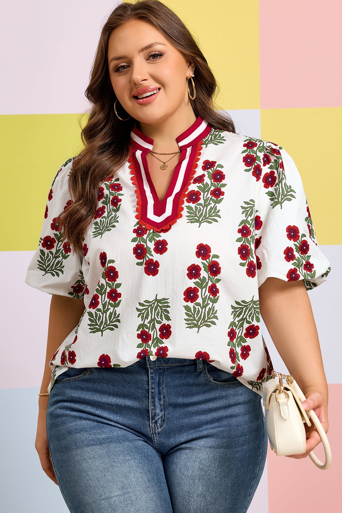 White Plus Size Floral Print Ricrac Striped Trim Short-Sleeve Cotton Blouse