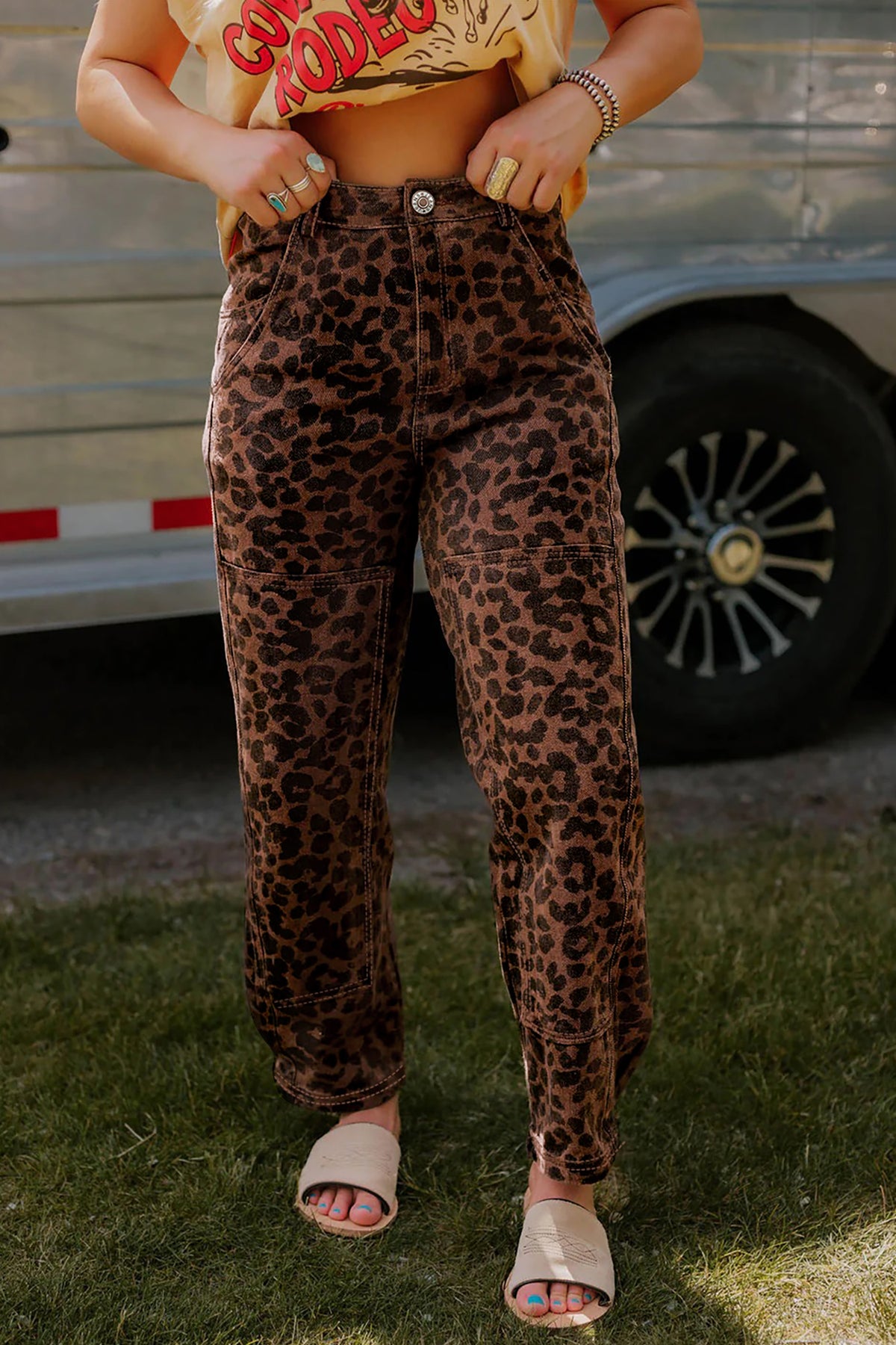 Brown Clear Seam Patchwork Leopard Print Barrel Jeans