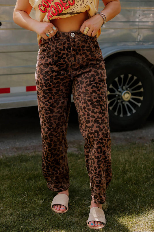 Brown Clear Seam Patchwork Leopard Print Barrel Jeans