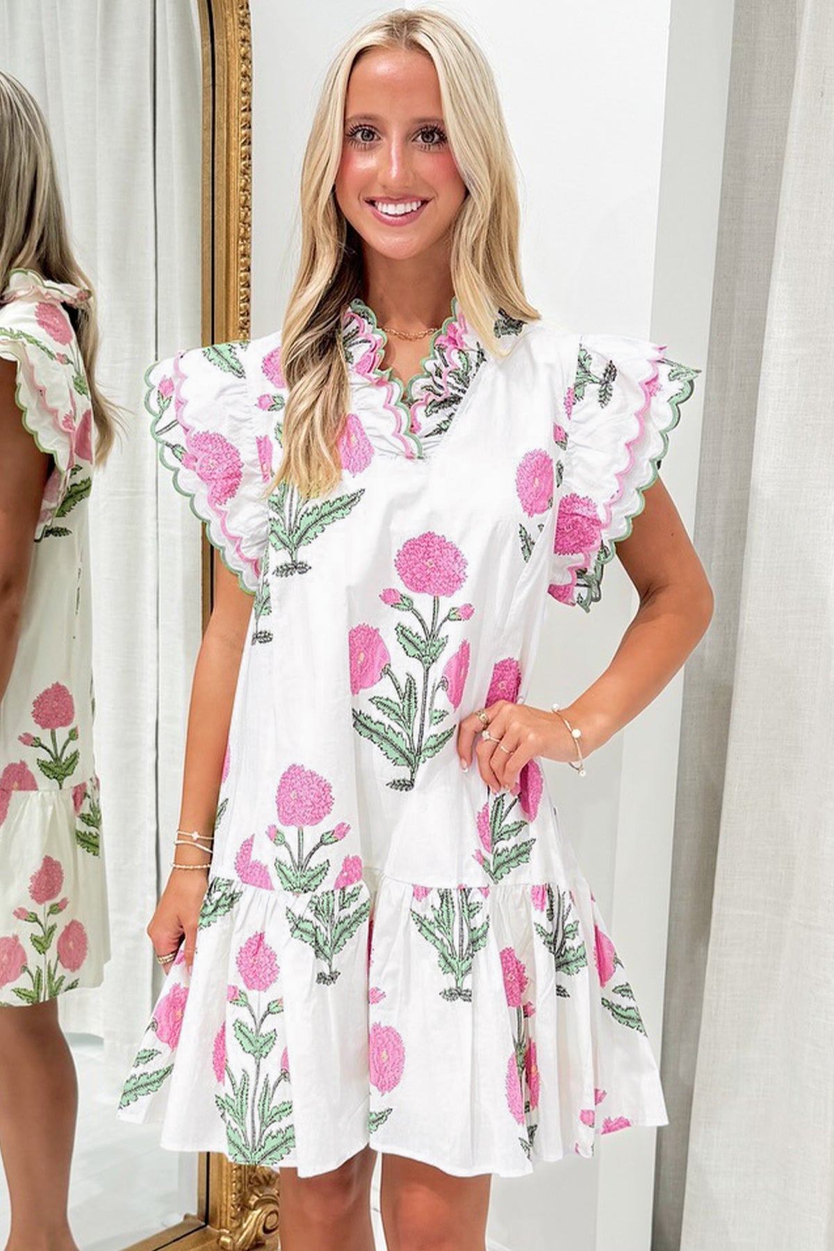 Blue Floral Embroidered V-Neck Mini Dress