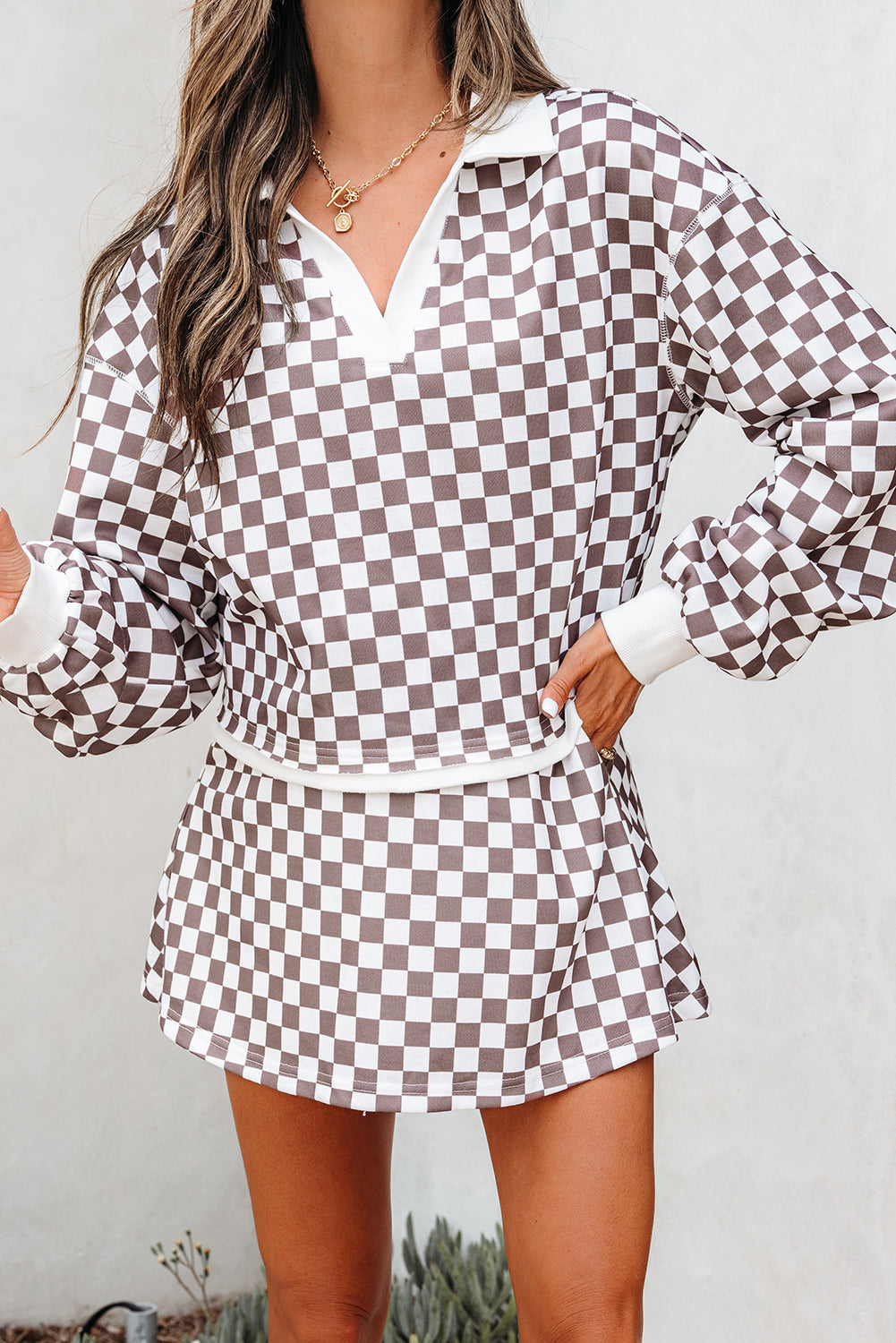 Khaki Checkered Print Polo Collar Cropped Long Sleeve Top Drawstring Mini Skort Set