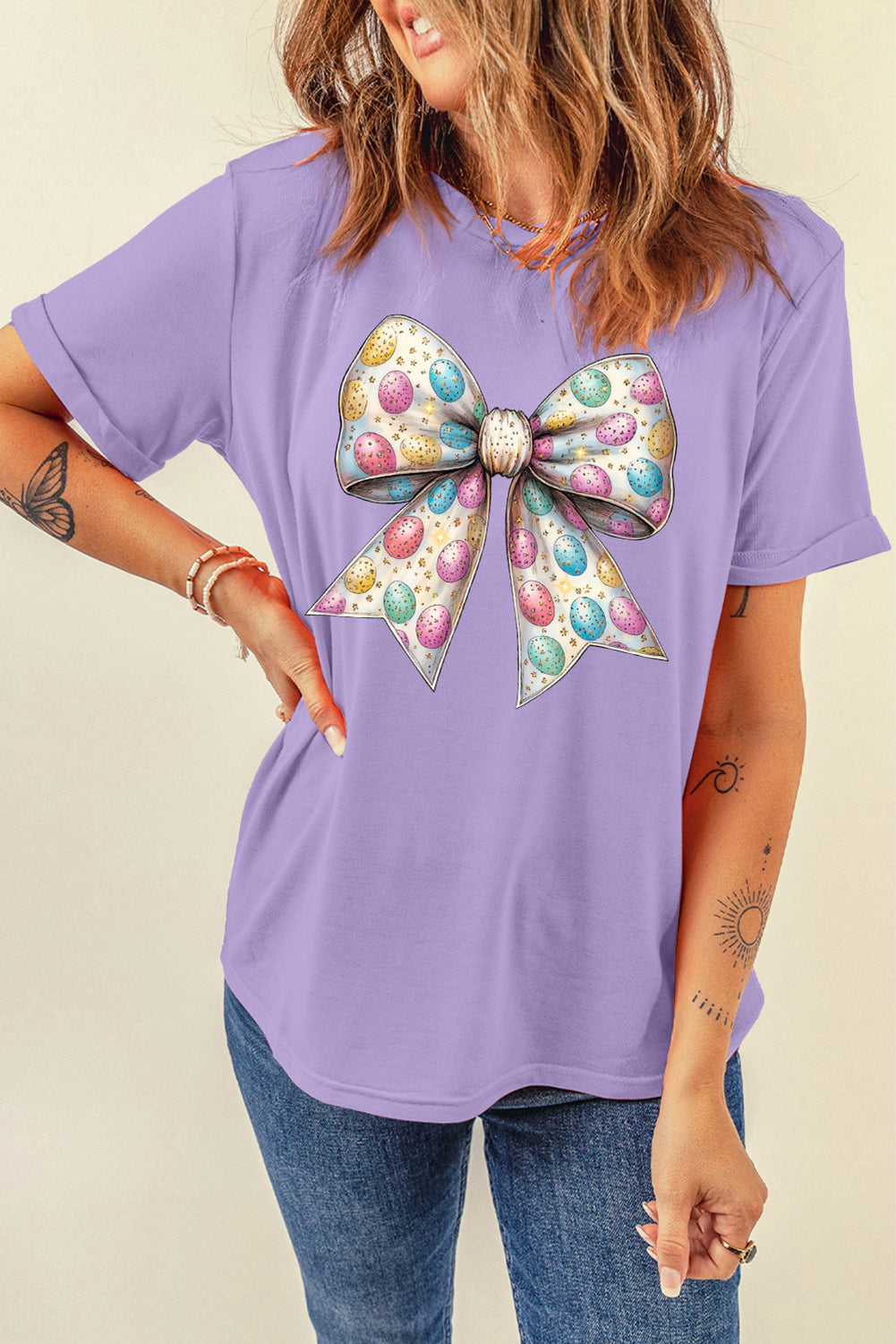Wisteria Celebrative Easter Eggs Bow Print Casual T-Shirt