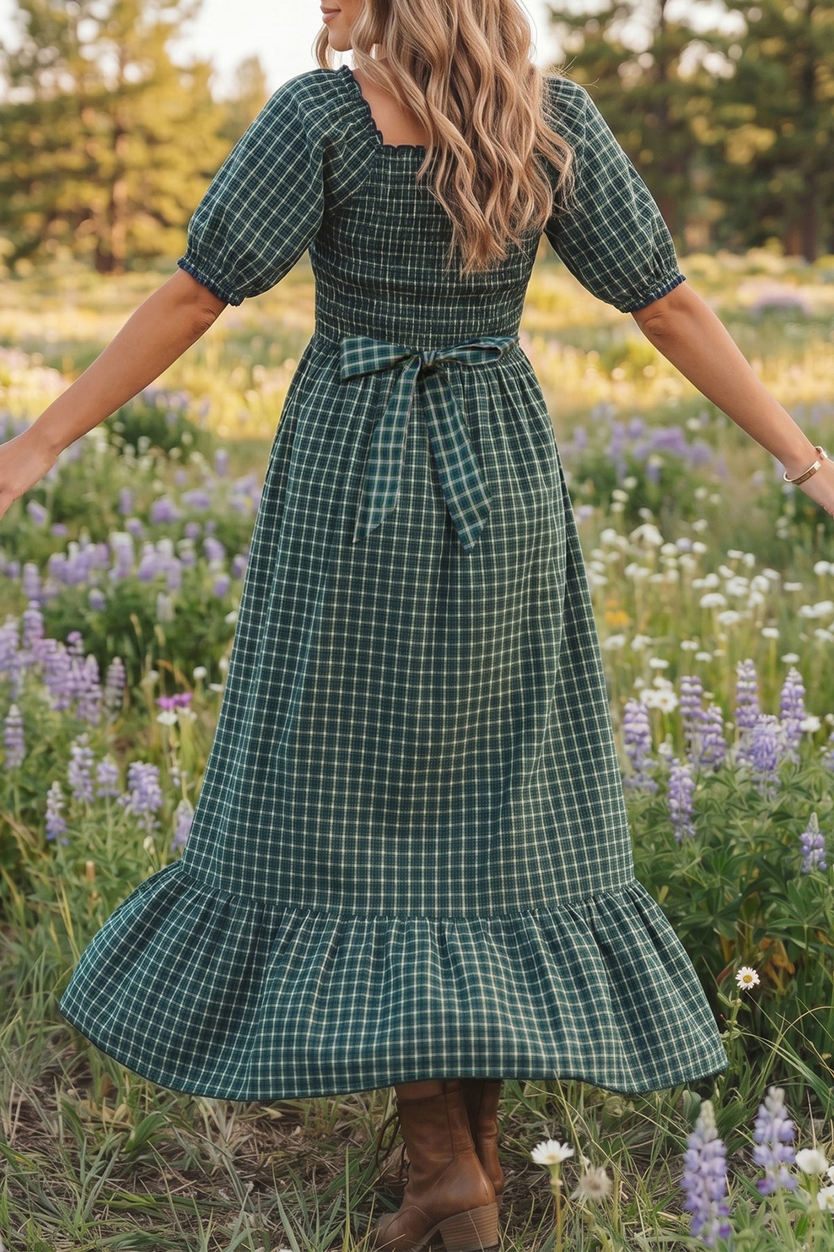 Green Plaid Ruffle Square-Neck Maxi Dress