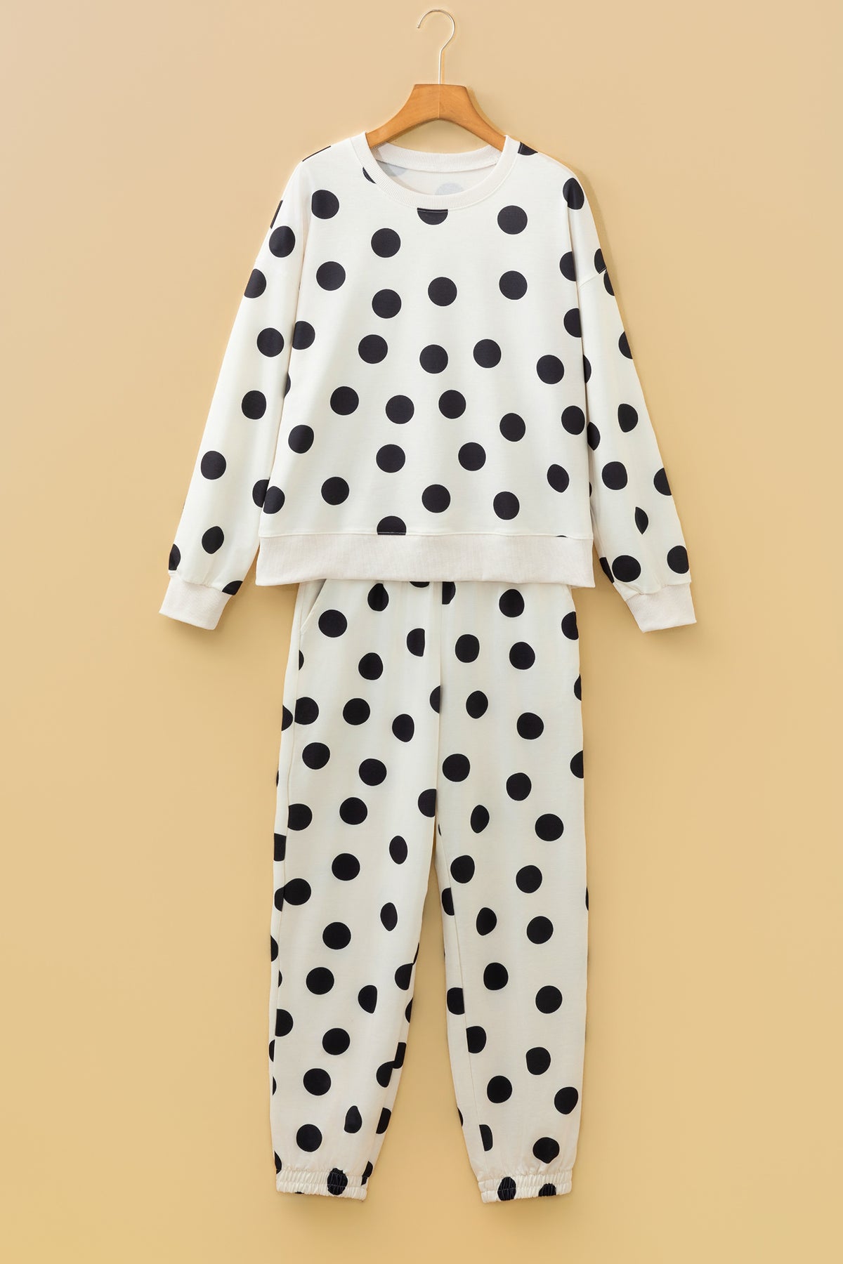 Women's Beige Polka Dot Print Drop Shoulder Pullover Jogger Pants Two-Piece Set