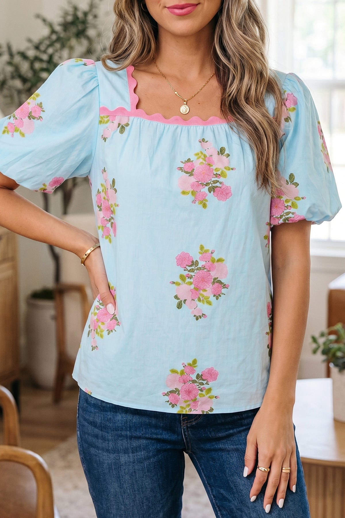 Sky Blue Floral Contrast Ricrac Detail Bubble Sleeve Blouse