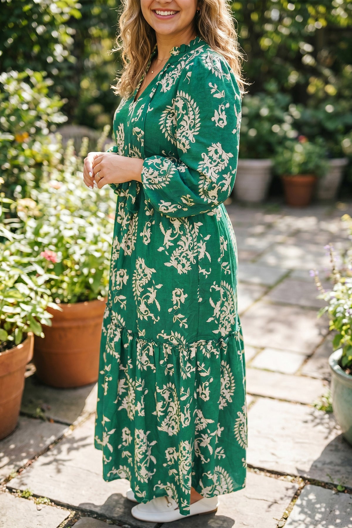 Green Floral Print V-Neck Shift Dress Plus Size Dress