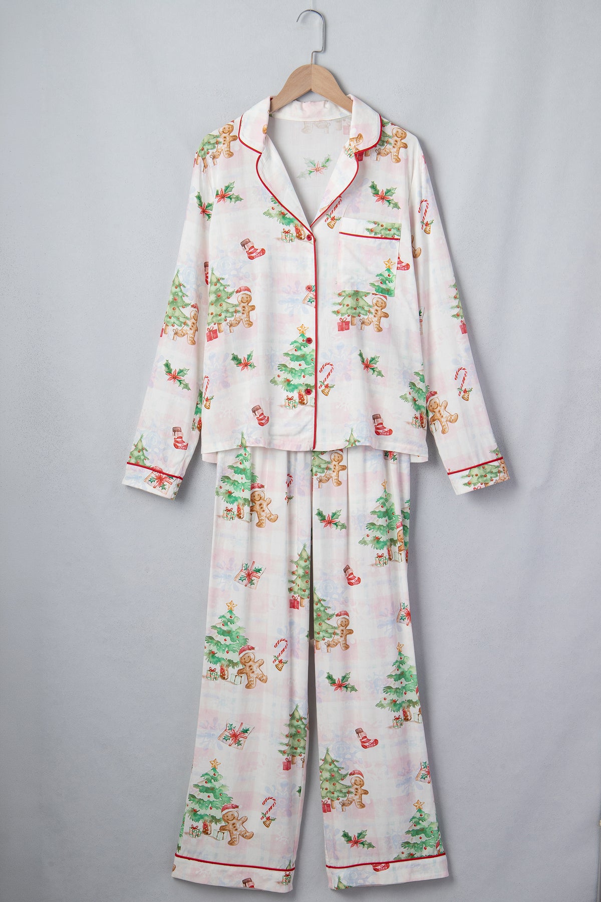 Pink Plaid Gingerbread Man Christmas Print Long Lounge Set