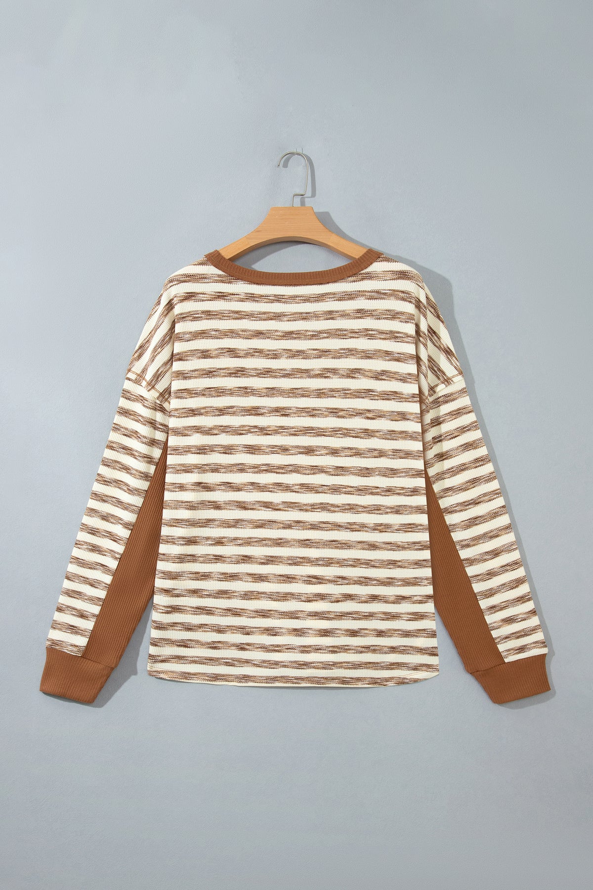 Brown Stripe Textured Knit Color Block Trim Round Neck Top