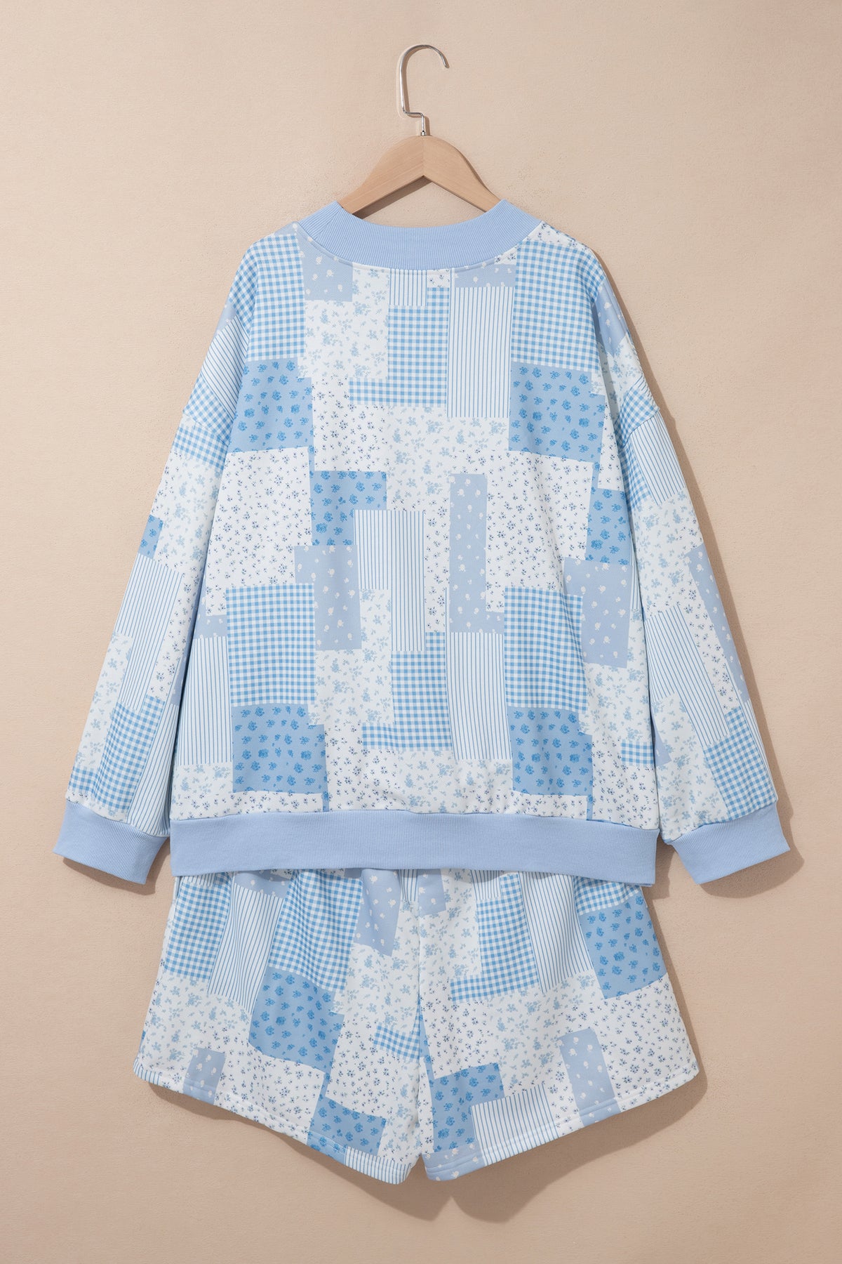 Sky Blue Patchwork Floral Print Stand Neck Long-Sleeve Two-piece Outfit Plus Size Set