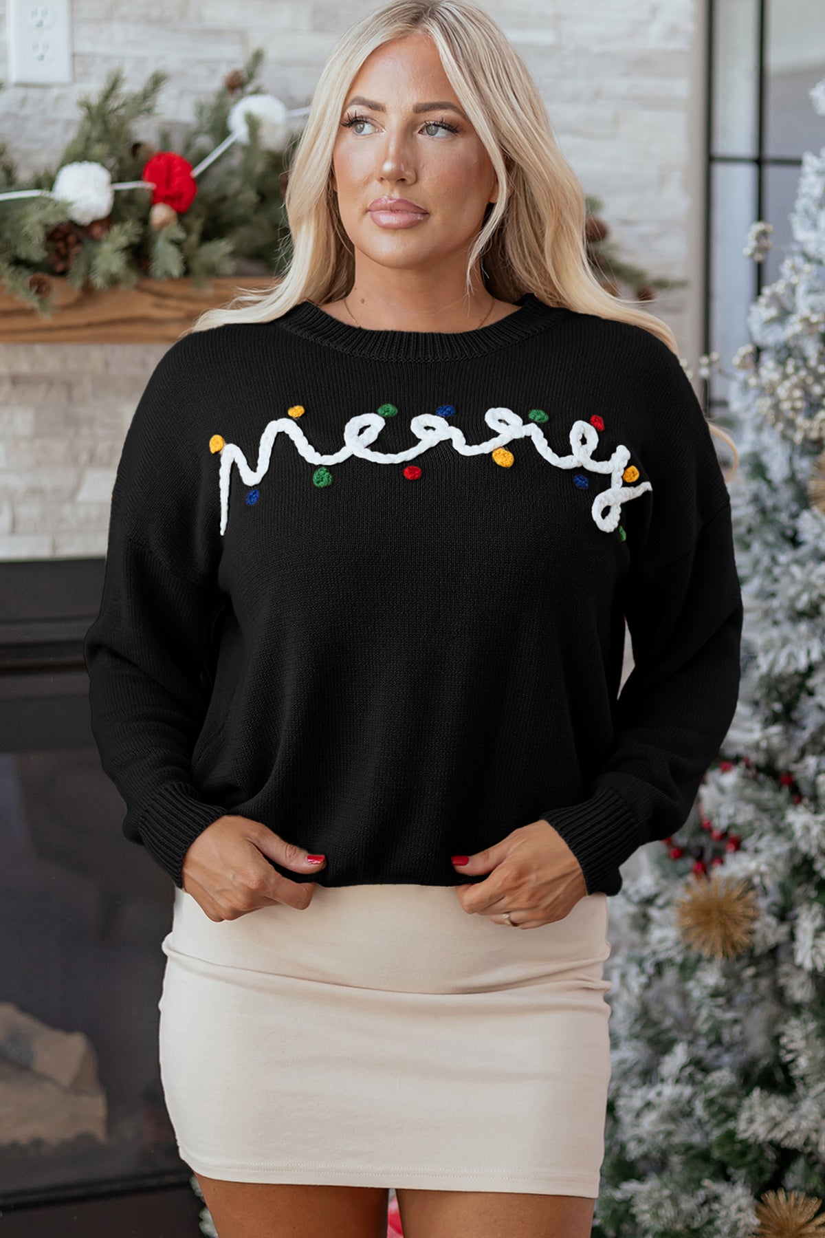 Racing Red Merry Colorful Dot Detail Christmas Drop Shoulder Sweater