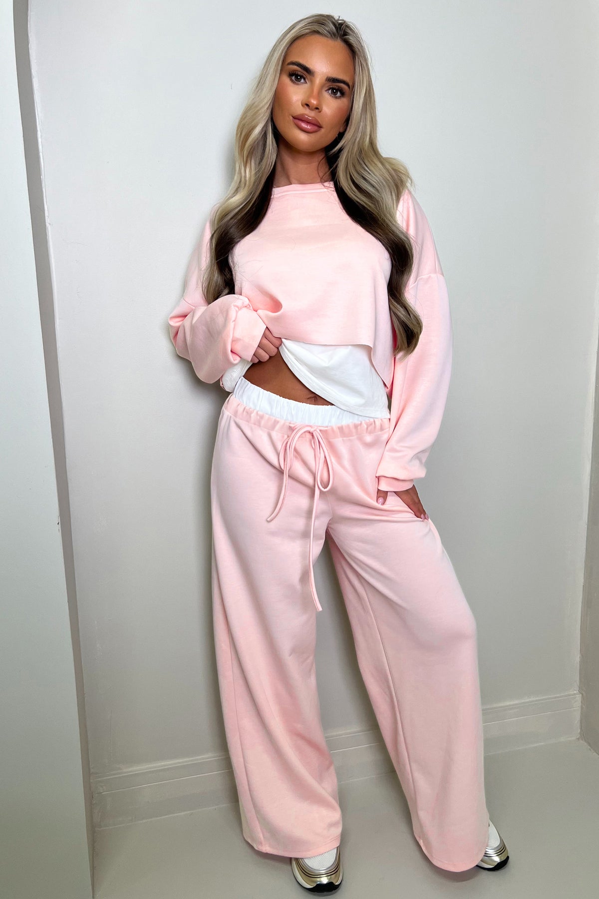 Pink Color Contrast Overlay Long Sleeve Top Drawstring Pant Set