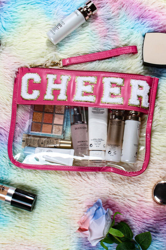 Bright Pink CHEER Chenille Letter PU Leather Patchwork Clear Makeup Bag