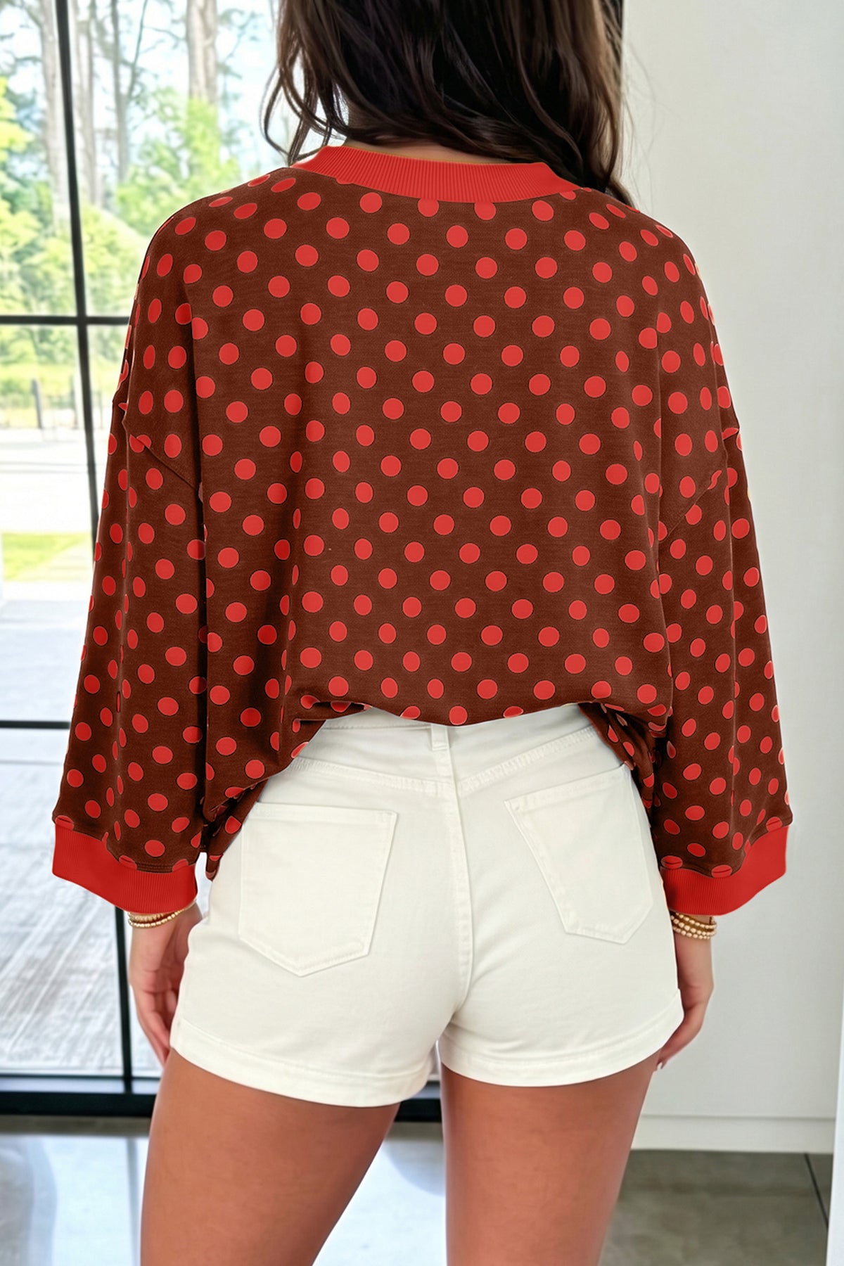 Green Polka Dot Print Round Neck Bracelet Sleeve Top