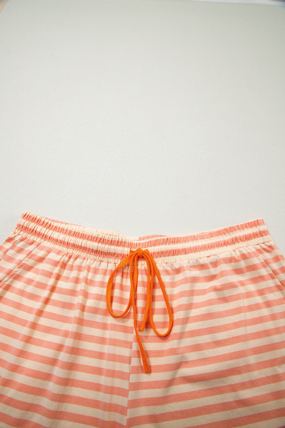 Pink Stripe Drop-Shoulder T Shirt and Shorts Plus Size Summer Set