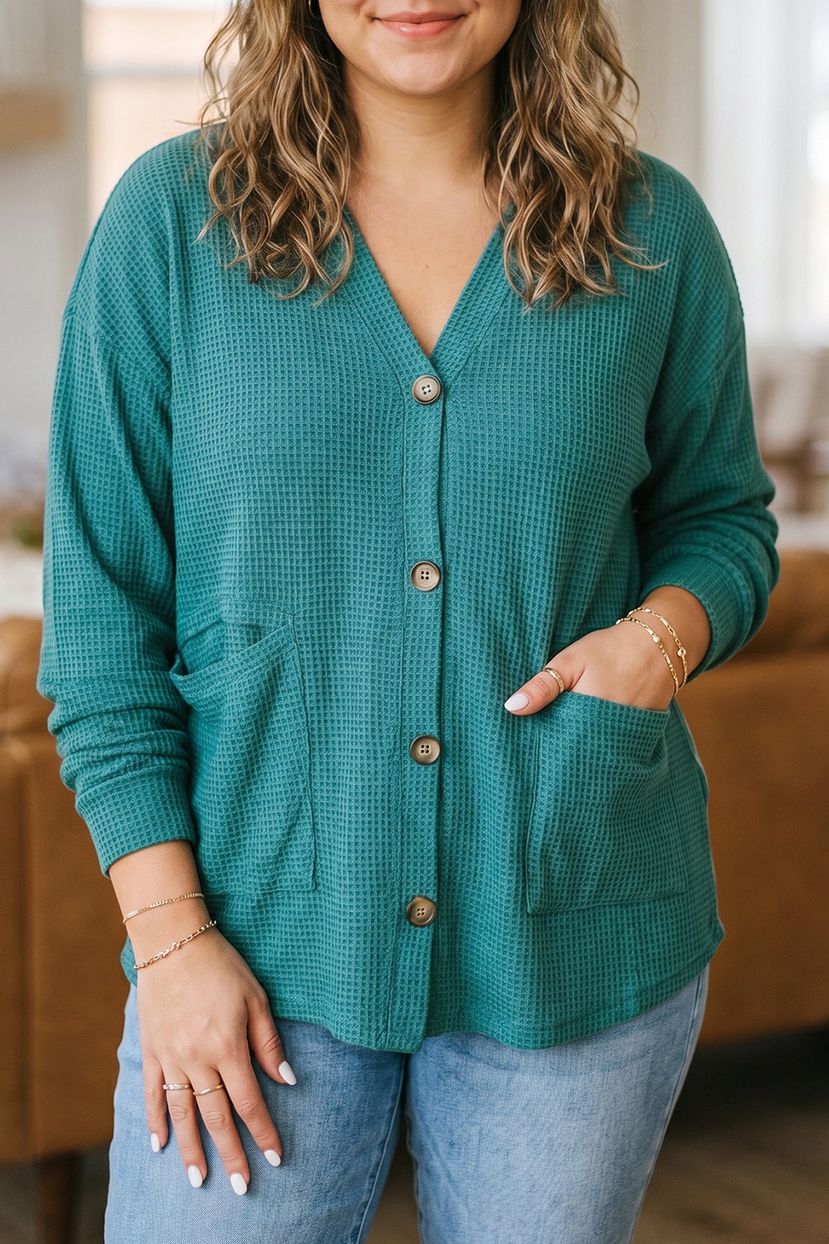 Lapis V-Neck Waffle Textured Button Front Tunic Long-Sleeve Plus Size Cardigan