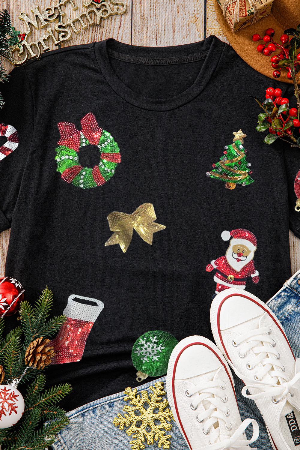 Black Sequin Christmas Essentials Graphic Crewneck T-Shirt