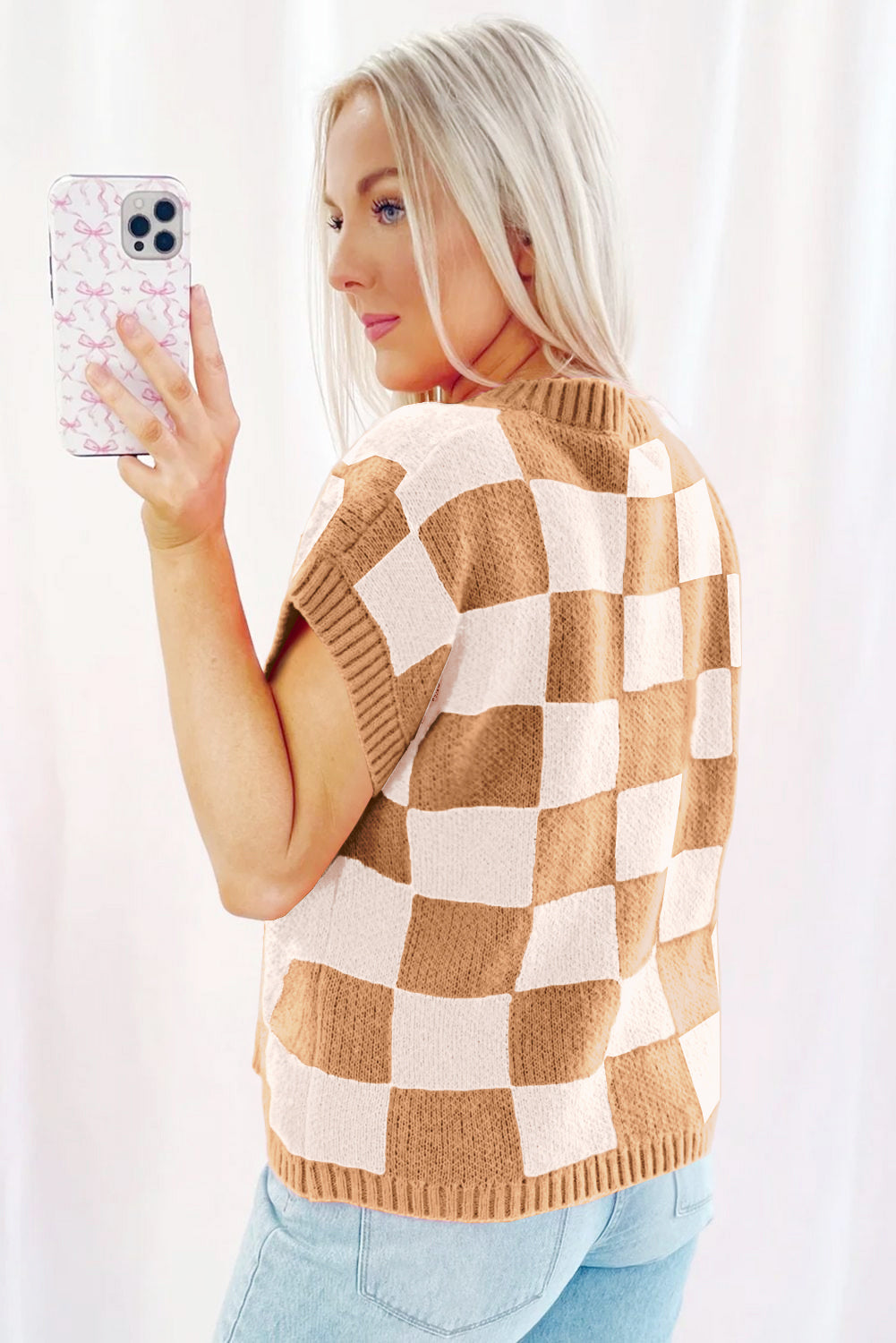 Light French Beige Colorblock Plaid Pattern Ribbed Trim Sweater Tank Top