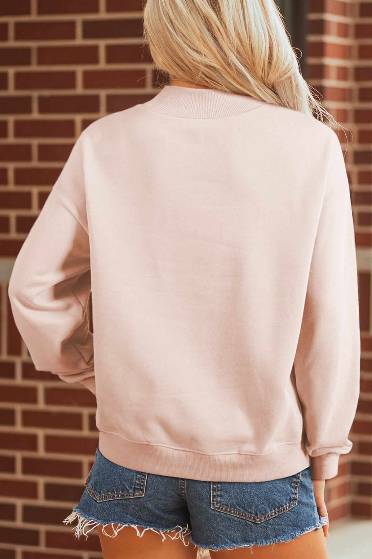 Apricot Pink Bow Knot Duck Faux Patchwork Printed Mock Neck Sweatshirt