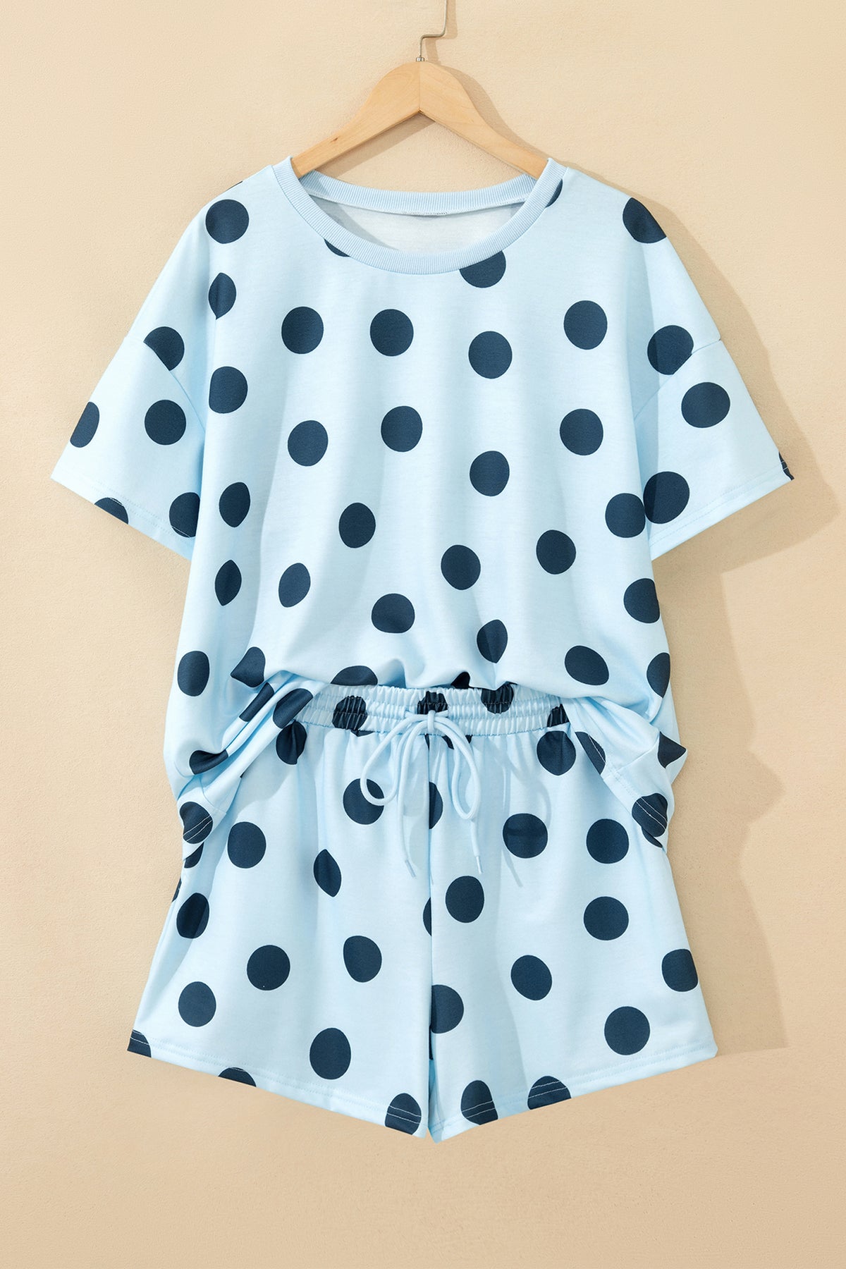 Pink Polka Dot Print Loose Tee Drawstring Elastic Waist Short Set