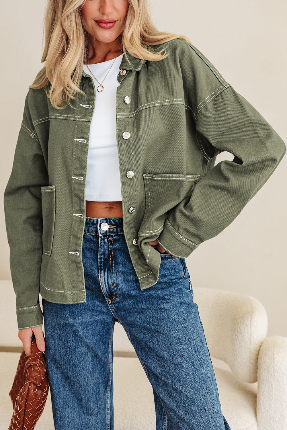 Smoke Green Patched Pocket Collared Boyfriend Denim Jacket