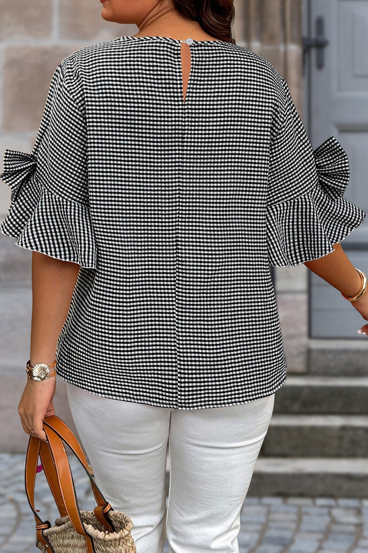 Black Plus Size Plaid Bow Decor Bell Sleeve Round-Neck Jumper