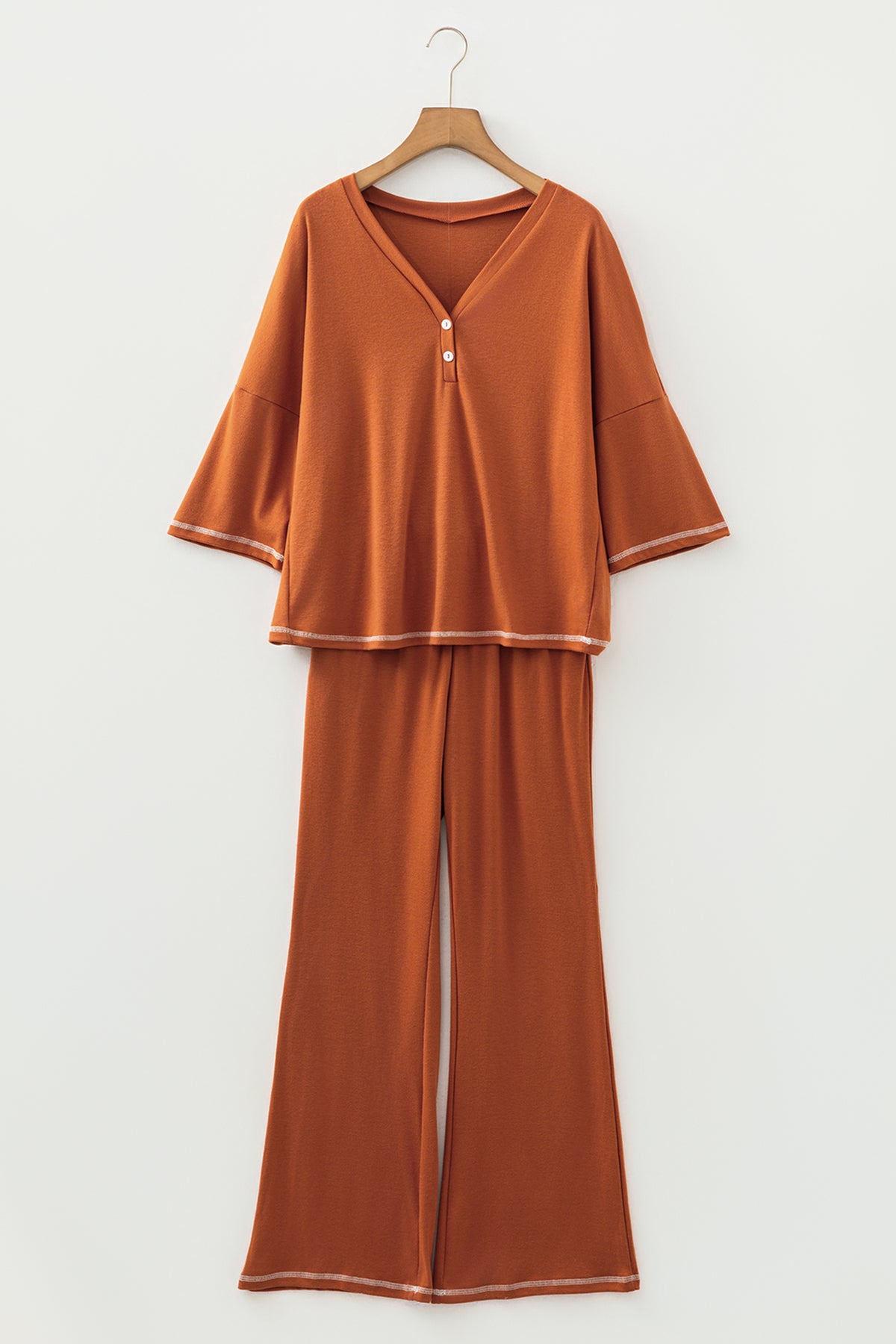 Women's Grapefruit Orange Contrast Stitching Buttoned V-Neck Half Sleeve Top & Flare Pants Set