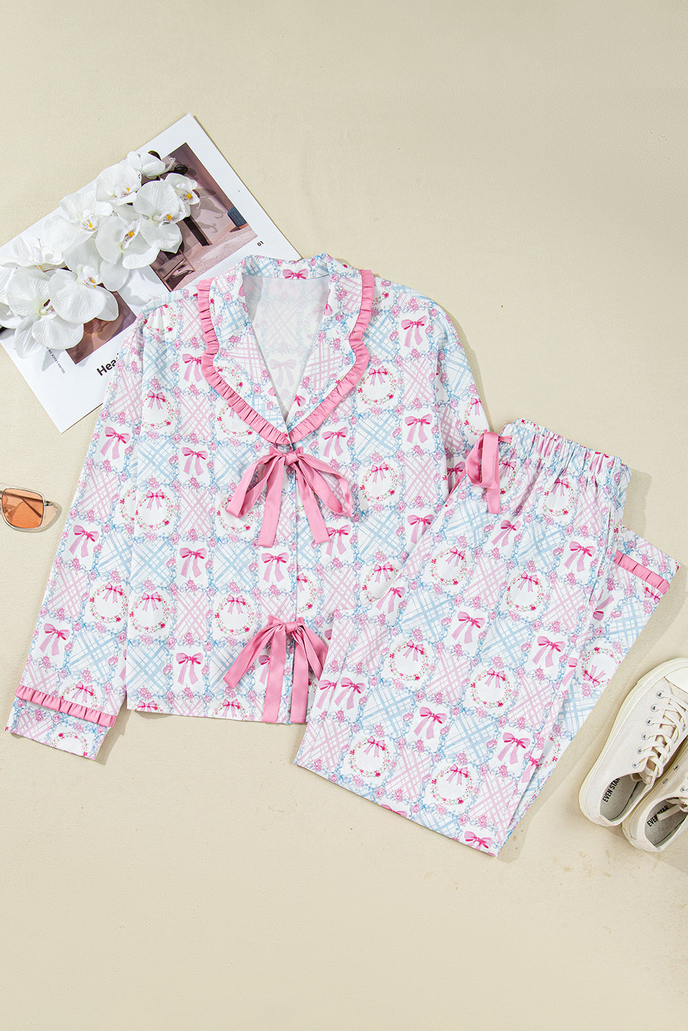 Pink Bow Wreath Christmas Tied Front Long Sleeve Pajama Set