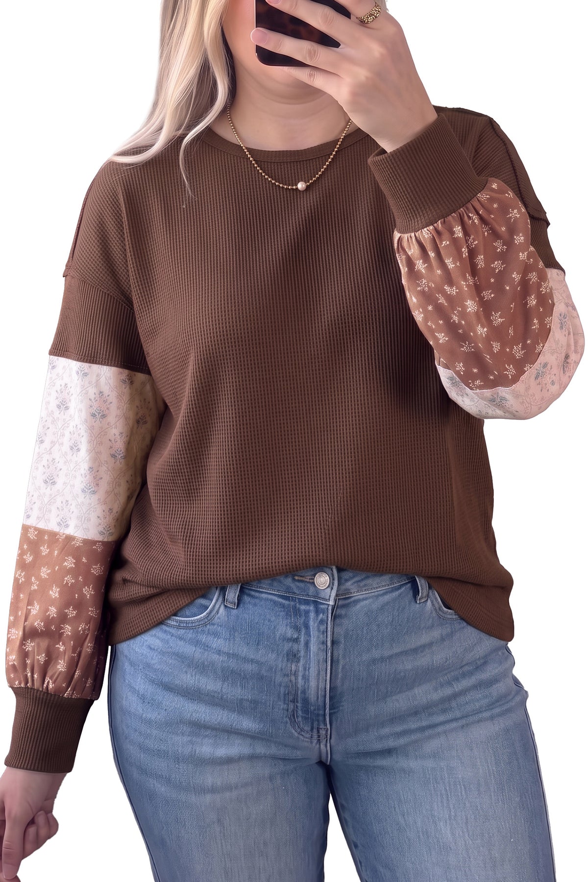 Coffee Plus Size Waffle Knit Floral Patchwork Top