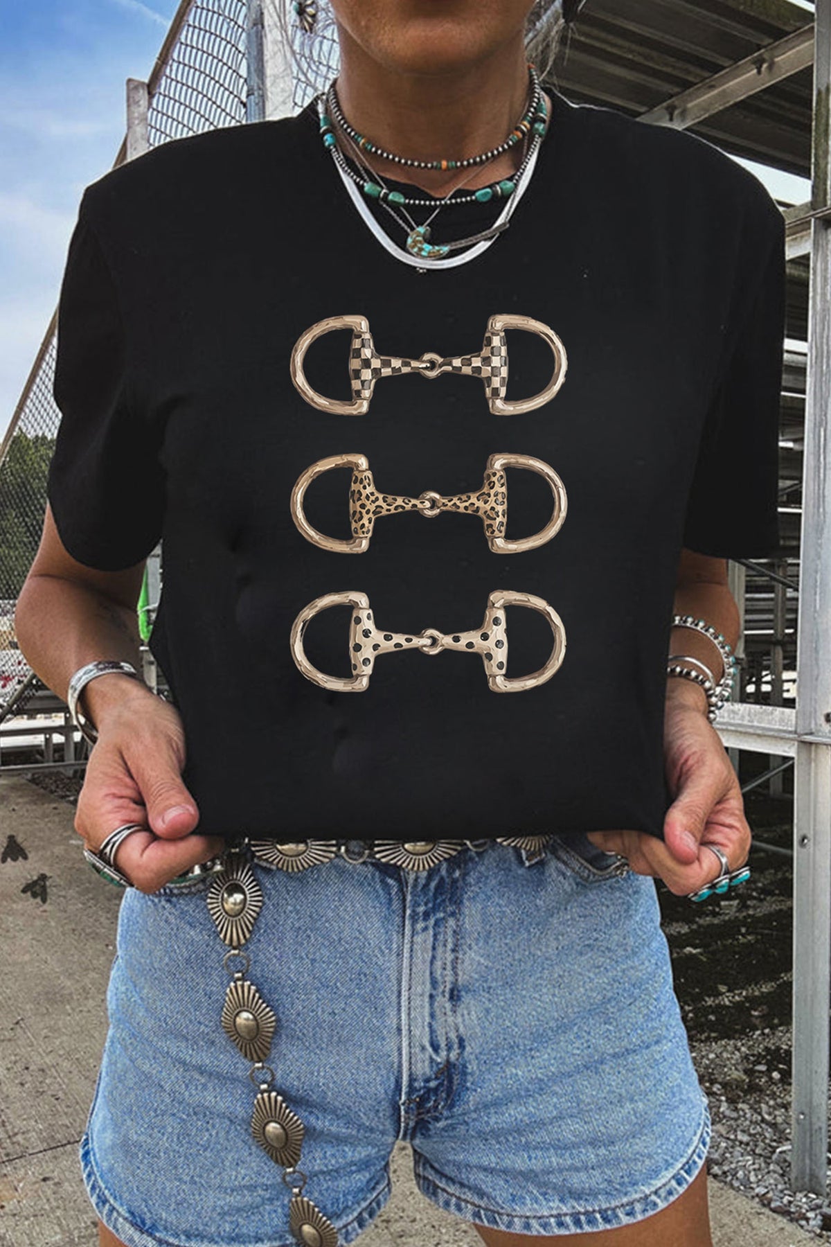 Black Western Horse Bit Printed Relaxed T-Shirt