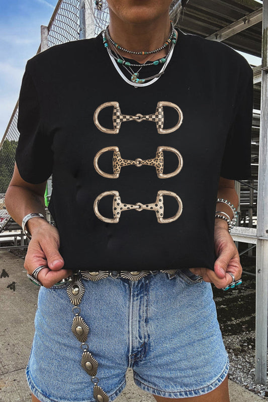 Black Western Horse Bit Printed Relaxed T-Shirt