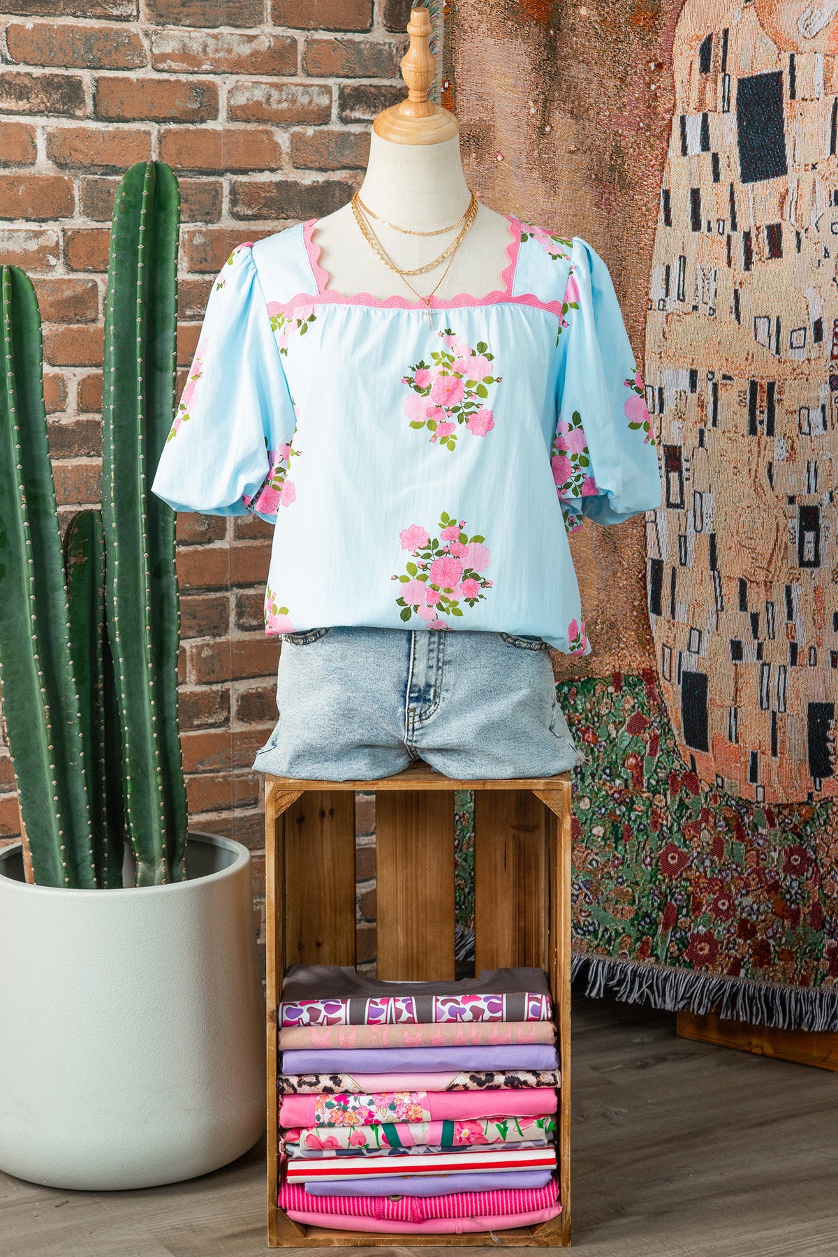 Sky Blue Floral Contrast Ricrac Detail Bubble Sleeve Blouse