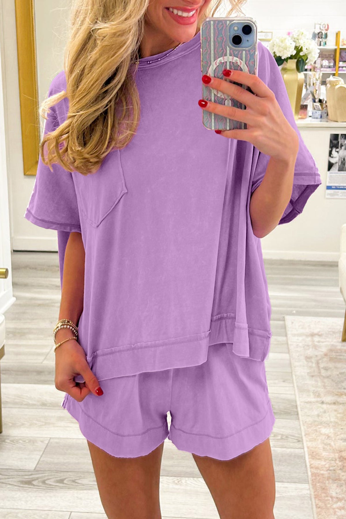 Women's Mint Green Raw Edge Patch Pocket Oversized Top & Shorts Set