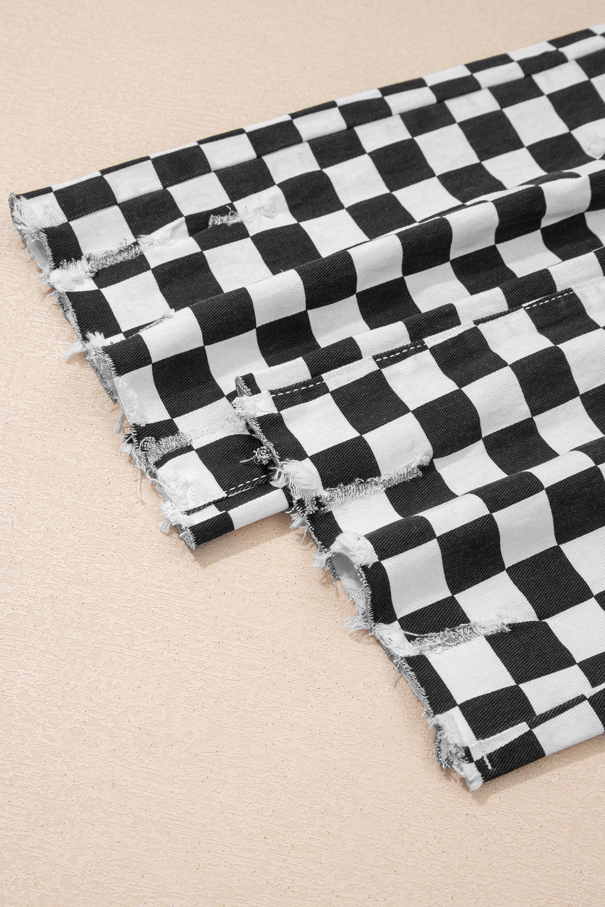 Black Checkerboard Print Distressed Holes Raw Edge Cropped Jeans