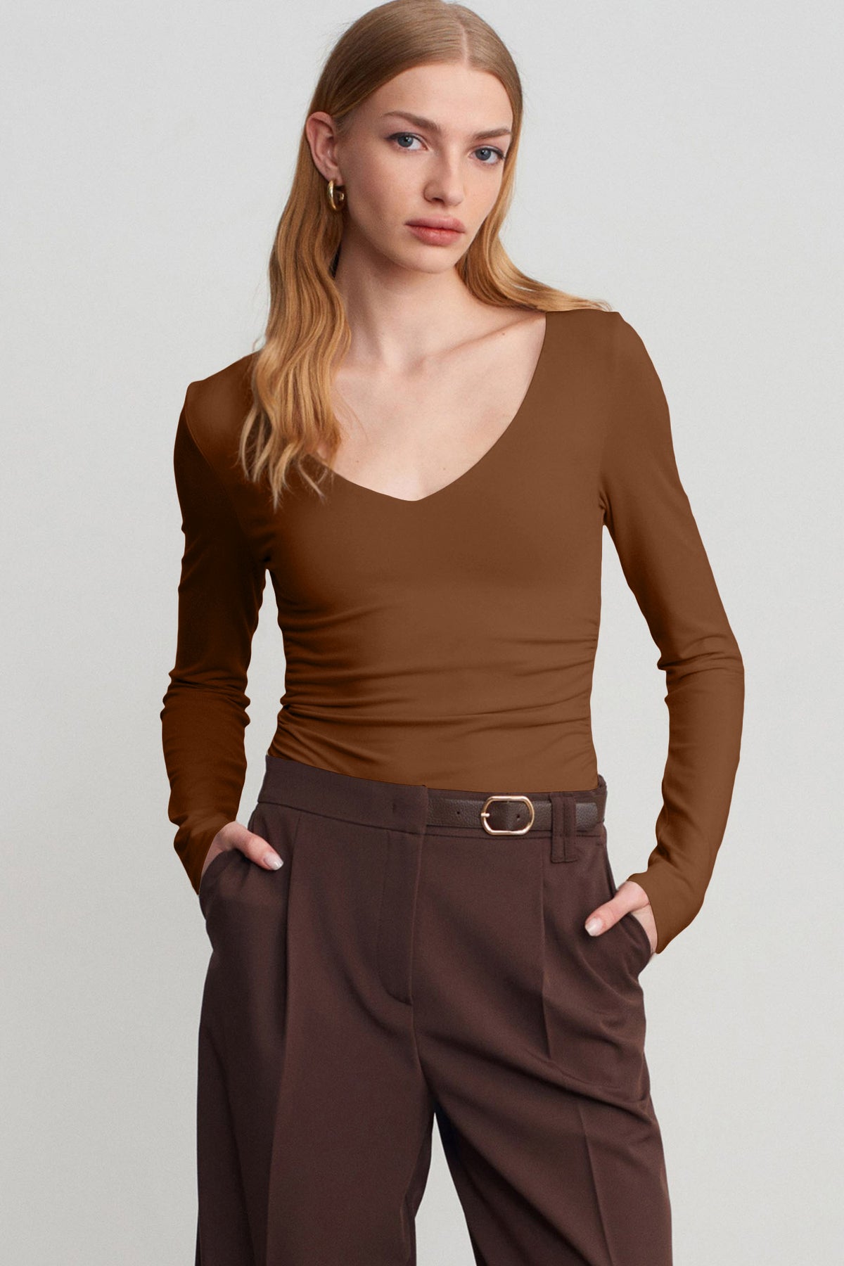 Coffee Slim Fit V Neck Long Sleeve Top with Built-In Bra