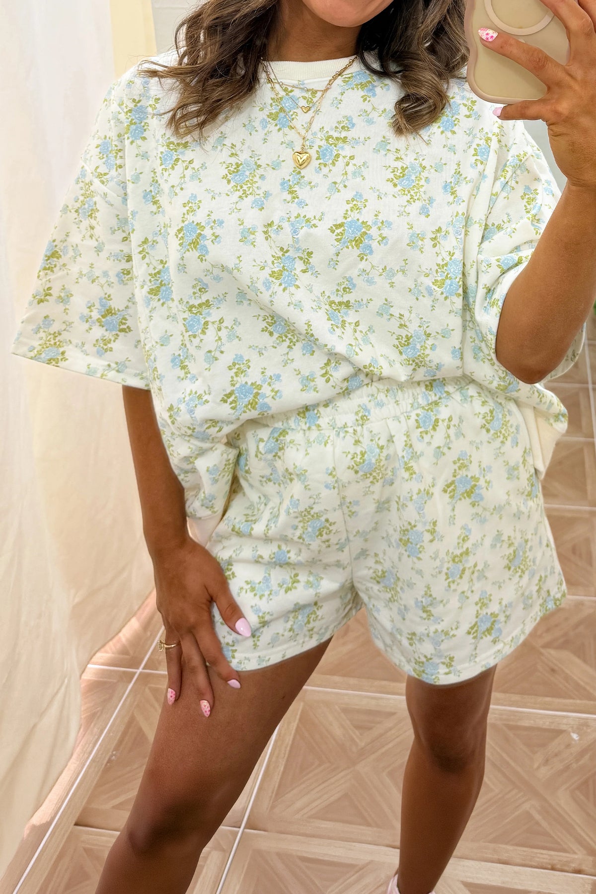 Women's Sky Blue Floral Print Short-Sleeve Elastic Waist Pocket Two-Piece Set