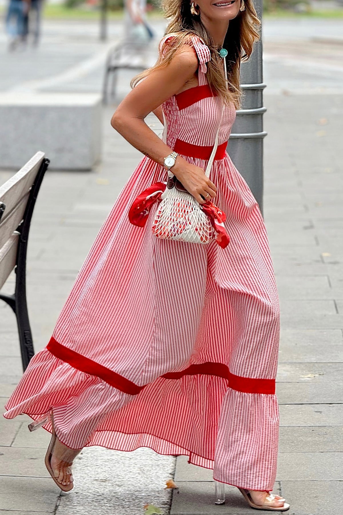 Red Stripe Bow Knot Straps High Waist Ruffle Hem Maxi Dress