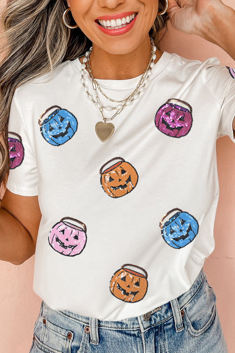 White Sequin Pumpkin Face Patched Crew Neck Holiday T-Shirt