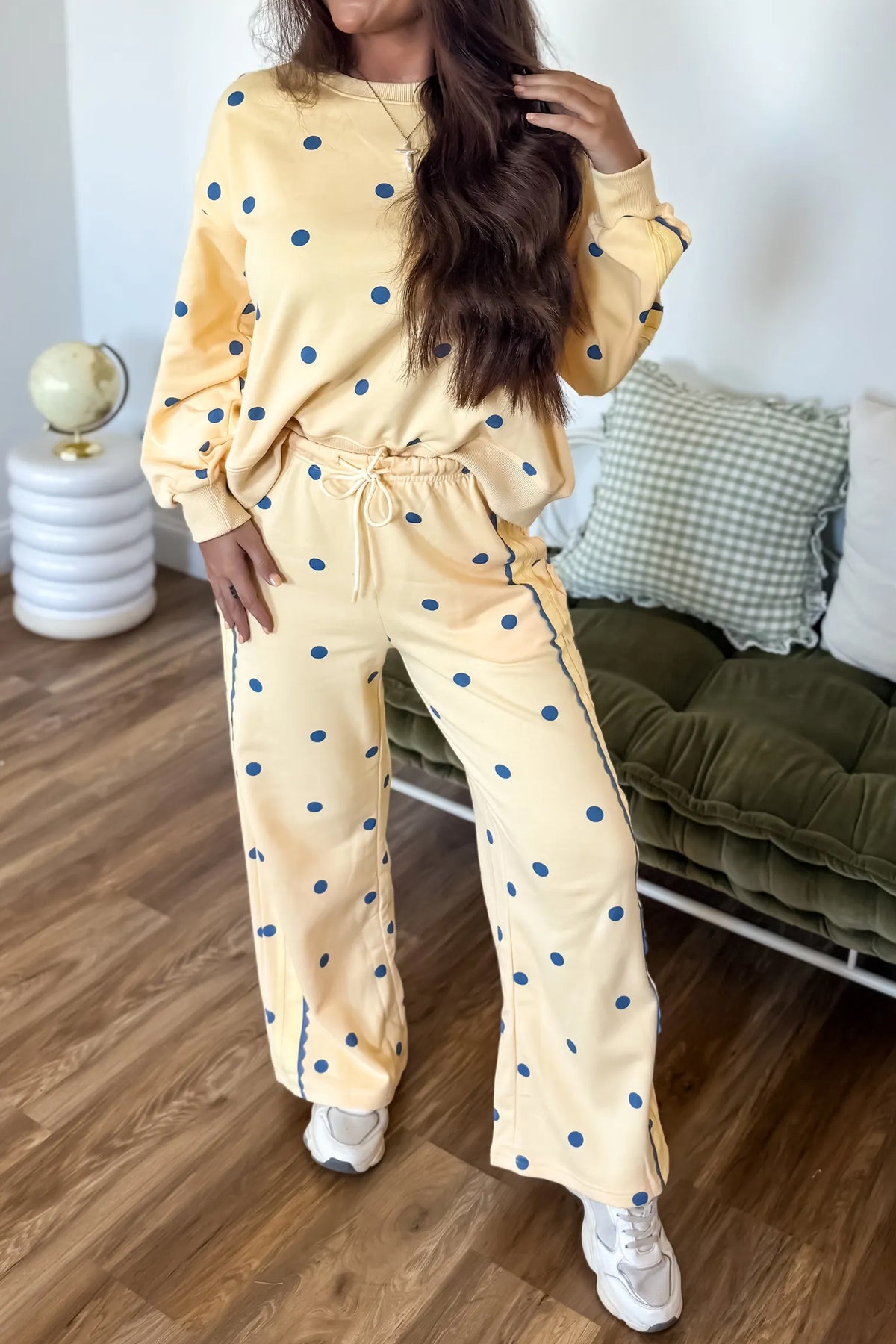 Yellow Polka Dot Top and Patchwork Wide Leg Pants Set