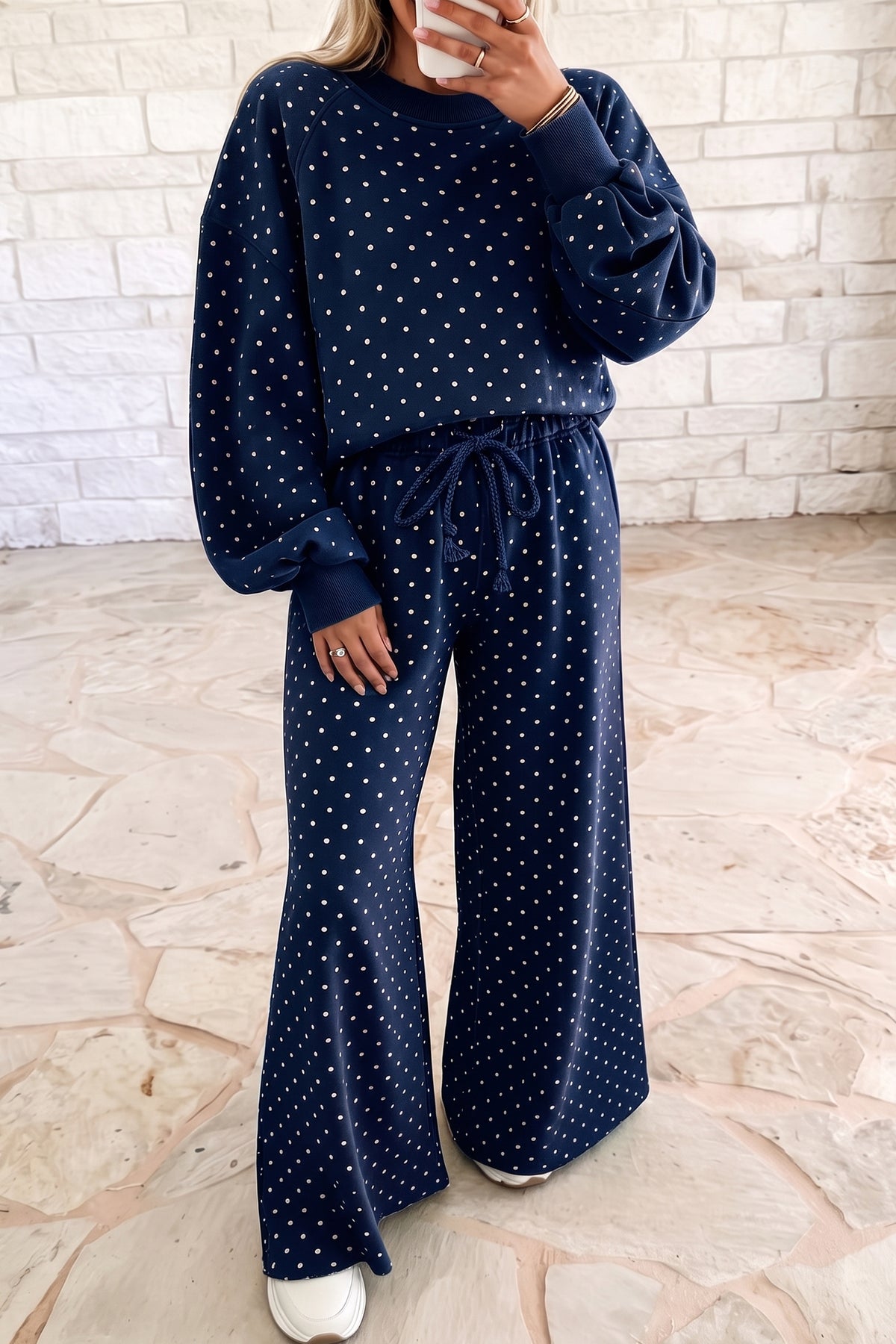 Women's Red Polka Dot Drawstring Wide-Leg Long-Sleeve Top Pants Set