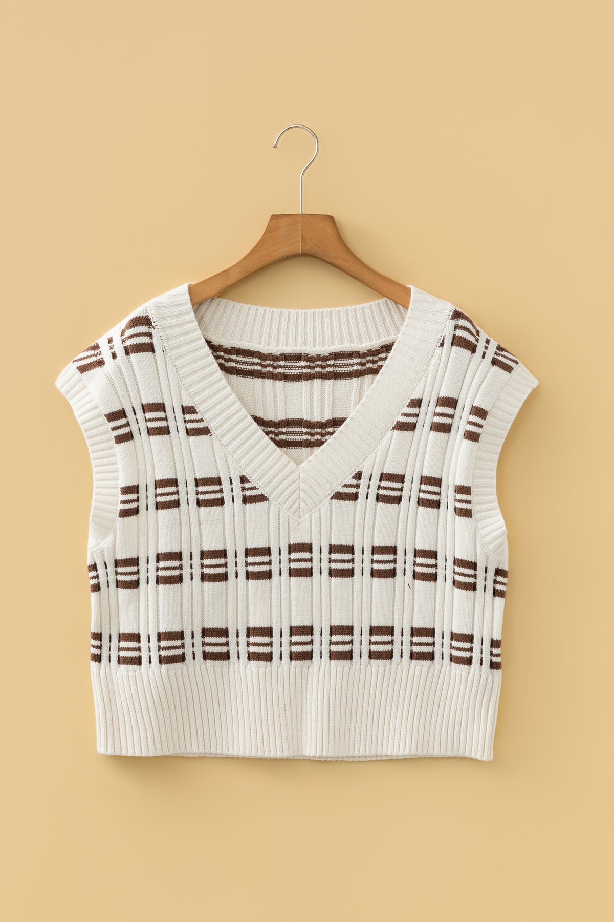White Contrast Geometric Textured Knit V Neck Cropped Sweater Vest