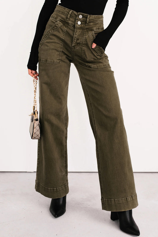 Jungle Green Double Waistband Loose Straight Jeans