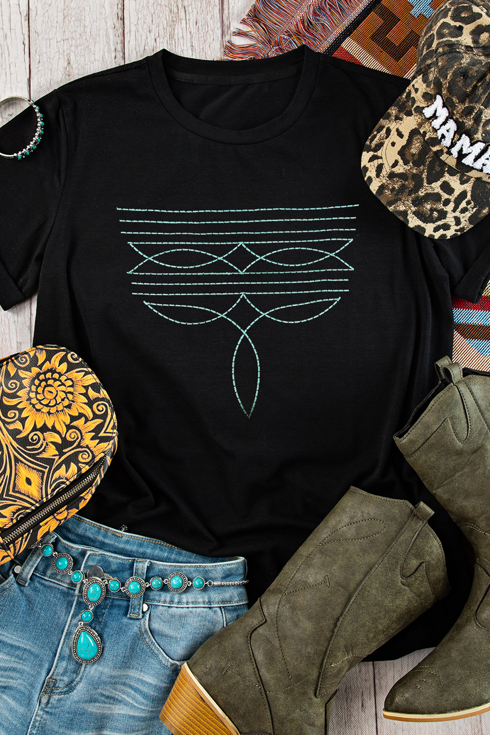 Black Western Fashion Geometric Embroidered T-Shirt