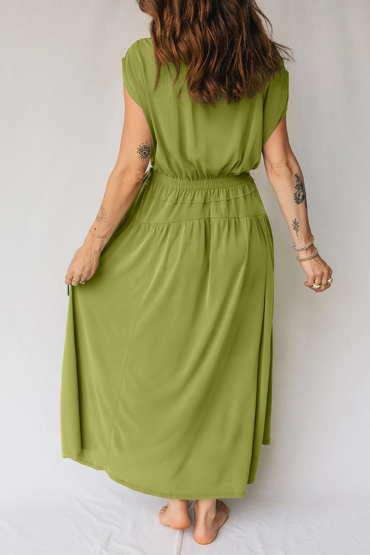 Fern Green Solid V Neck Cap Sleeve Tunic Elastic Waist Maxi Dress